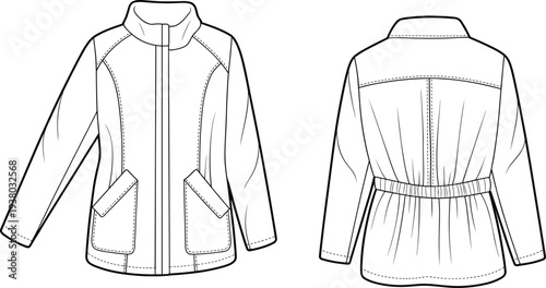 Women jacket technical fashion flat, zipper front outerwear with pockets and elastic waist, long sleeve, front back CAD drawing