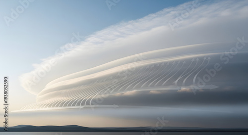 Spectacular lenticular clouds creating a dramatic, layered sky over a calm body of water at sunset