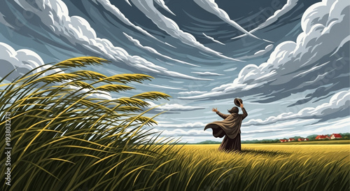 Person dancing in a serene wheat field with cloudy sky background and green grass