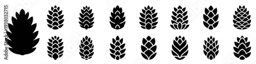 A set of stylized black silhouettes of pine or fir cones. Minimalist vector illustration of nature, forest, and winter decor elements.