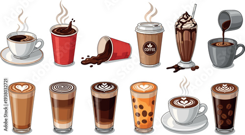 Coffee drinks collection espresso latte cappuccino mocha milkshake takeaway cup vector illustration cafe beverage set icons