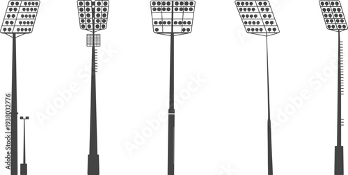 Stadium floodlights and arena sports arena lighting towers set, professional outdoor stadium lights for football field illustration