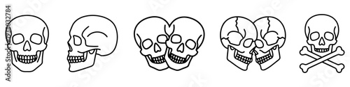 A set of linear human skull icons, featuring a skull with a heart, a profile view, and a danger symbol with crossbones. Minimalist vector illustration for medical, tattoo, or warning sign themes.