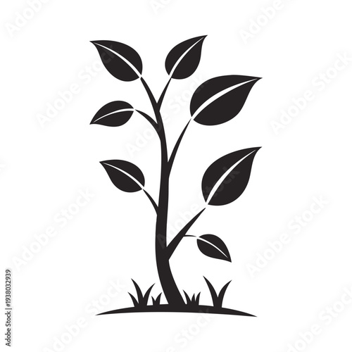 Stylized black silhouette plant with branches and leaves growing from ground minimal botanical illustration isolated on white background