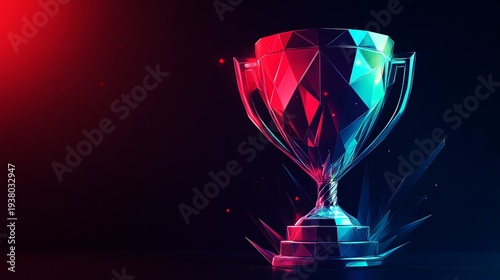 A vibrant 3D trophy with a polygonal design glows in red and blue light on a dark background
