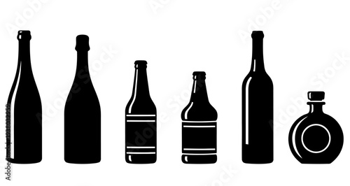 A set of black silhouettes of alcoholic beverage bottles with white label and outline elements. Bottles for wine, champagne, beer, and spirits are shown.