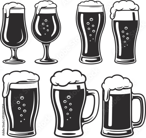 Craft beer glasses and mugs vector set, vintage black silhouette icons for pub bar and brewery