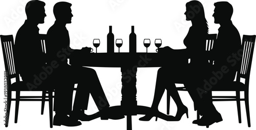 Couple dining silhouettes at restaurant table, romantic dinner with wine glasses and bottle, date night vector illustration set