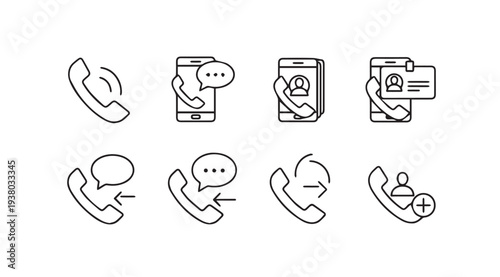 Phone Icon Set: Call Message Contact Incoming Outgoing Add UserLine Art