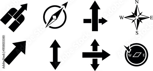 Collection of various directional arrows and compass icons for navigation and orientation purposes