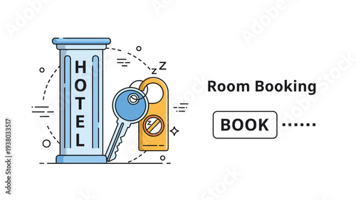 Hotel room booking service concept with a classic blue column, metal key, and an orange do-not-disturb door hanger sign.