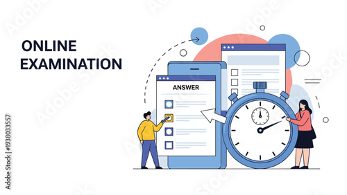 Online examination concept featuring students completing digital tests with a giant blue stopwatch to manage time limits.