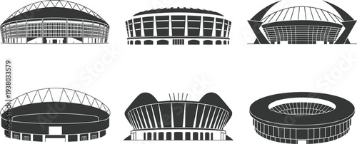 Modern sports stadium and arena architecture vector set, professional black silhouette icons for athletic competition tournament