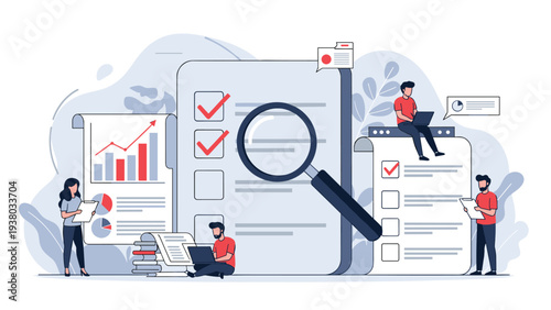 Business team conducting a thorough document audit and compliance check using magnifying glasses, charts, and reports.