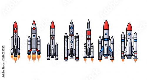 Collection of various rockets and spacecraft ready for launch.