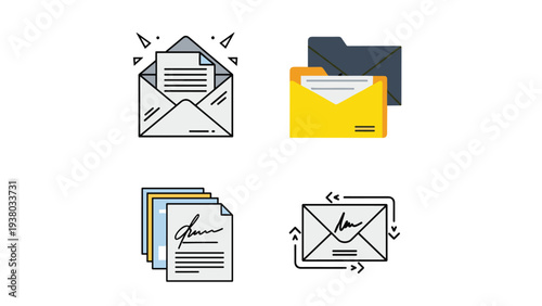 Set of document management icons showing an open letter envelope, folder organization, and signed paper application forms.