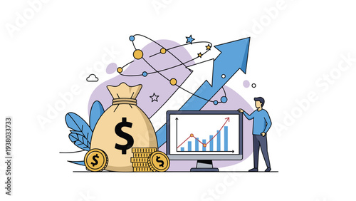 Wealth management concept showing a giant bag of money with a dollar sign and a computer monitor displaying growth trends.