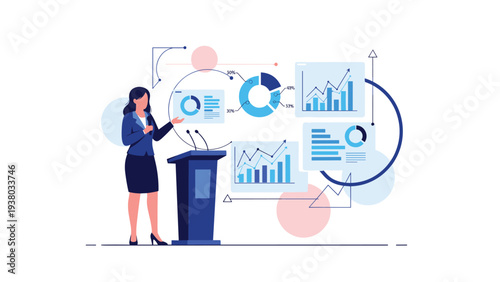 Professional businesswoman delivering a data presentation with various financial pie charts and bar graphs on a screen.