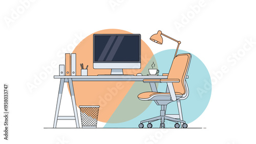 Modern home office workspace setup with a desktop computer, ergonomic orange chair, and desk lamp in a clean room.