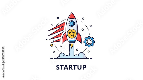 Business startup launch concept with a red rocket ship taking off surrounded by stars and blue mechanical gear symbols.