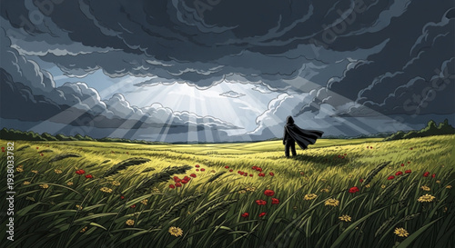Dramatic landscape with a lone figure standing in a field of colorful flowers under a stormy sky with sun rays breaking through clouds