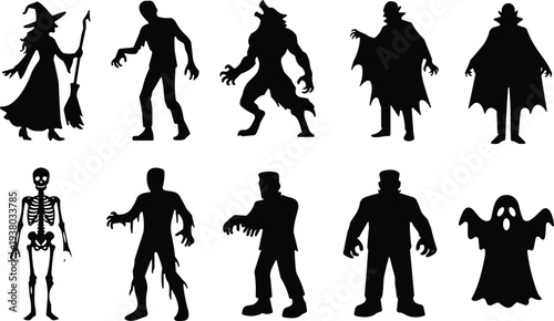 Halloween monster silhouettes collection, witch zombie skeleton ghost and scary characters set, spooky horror vector illustration icons