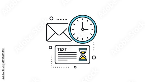 Business communication icons showing a traditional white letter envelope, a blue wall clock, and a timed text document.