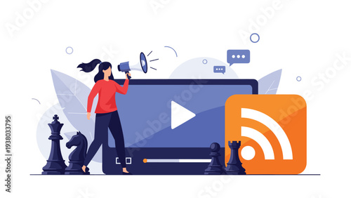 Content strategy illustration featuring a woman with a megaphone standing next to a video player screen and chess pieces.