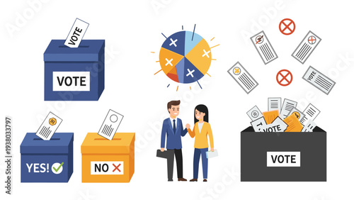 Election day concept showing various ballot boxes, voters casting ballots, and statistical pie charts for democracy.