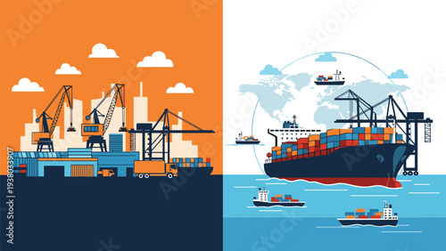 Industrial shipping port with heavy duty cranes loading container ship for global trade, logistics, and international maritime transport.