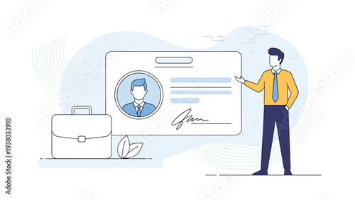 Professional man presenting giant identification card next to briefcase illustrating personal identity, employment, and security clearance.