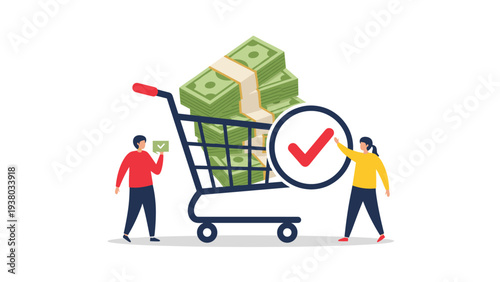 Man and woman with large shopping cart filled with stacks of dollar bills and green checkmark representing successful financial purchases.