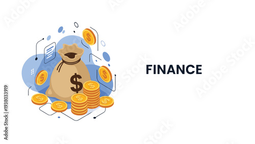 Sacks of money with stacks of gold coins and finance text illustrating wealth accumulation, banking, and commercial investment strategies.