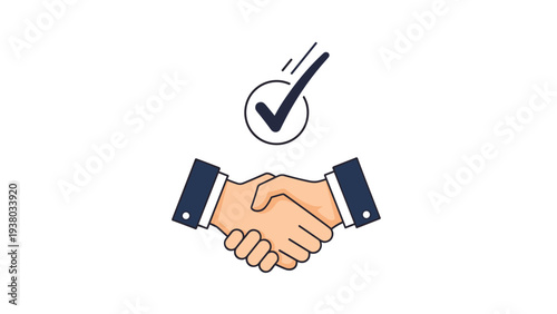 Two hands in business suits performing handshake with checkmark symbol above representing successful agreement, partnership, and trust.