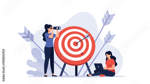 Business women working with binoculars and laptop near giant target and arrows representing market research and corporate goal achievement.