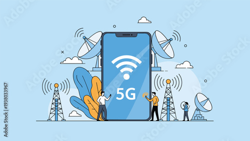 High speed 5G mobile network concept with smartphone, transmission towers, and satellite dishes representing global wireless connectivity.