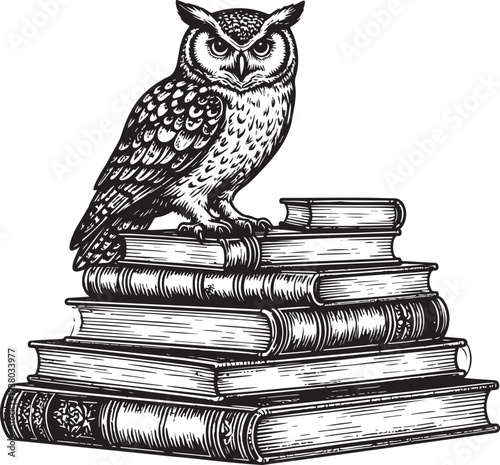 Wise owl perched on stacked books in elegant black and white illustration
