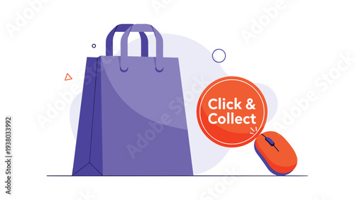 Purple shopping bag with orange click and collect button and computer mouse representing modern retail delivery and pickup services.