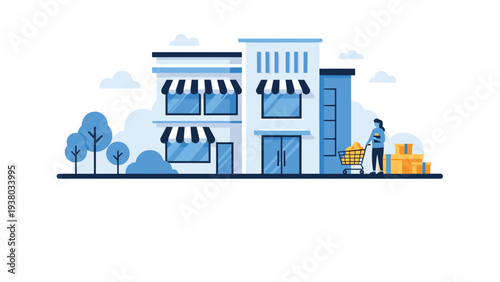 Modern storefront building with customer pushing shopping cart and delivery boxes illustrating retail business and local shopping.