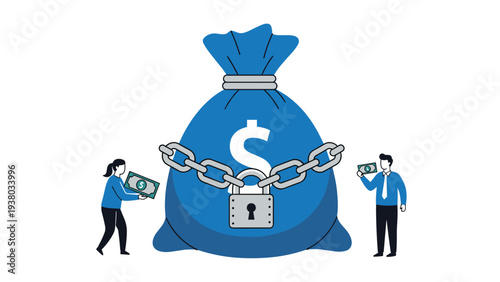 Secure money bag protected by heavy chain and padlock with bank employees representing financial safety and asset protection measures.