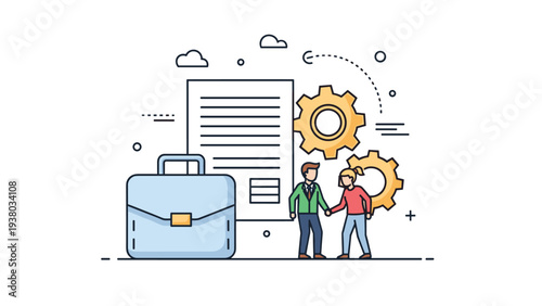 Business professionals performing handshake in front of briefcase, documents, and gears representing teamwork and industrial cooperation.