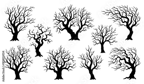 Leafless dry trees vector cutout set with empty branch silhouettes isolated on white