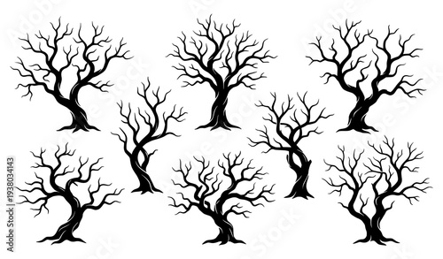 Dry leafless trees vector silhouettes cutout isolated for seasonal nature illustration