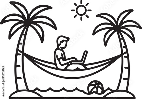 Digital Nomad Working on Laptop in Hammock at Tropical Beach