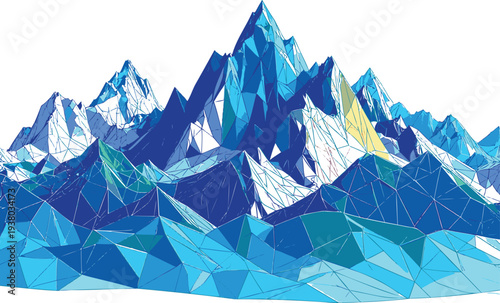Vibrant polygonal mountain range in shades of blue and colorful accents