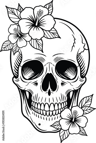 Human skull with hibiscus flowers and tropical leaves vector illustration, vintage anatomical floral tattoo design element