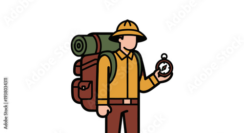 Cartoon Hiker with Backpack and Compass.