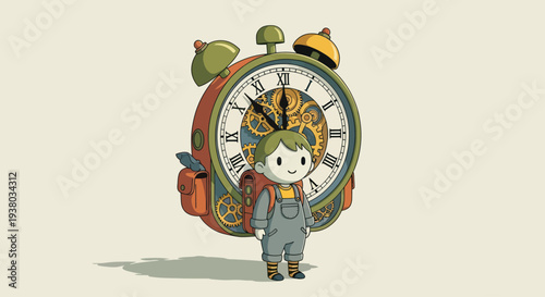Cartoon Character Standing in Front of Clock.