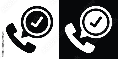 Professional icons of a phone handset with a checkmark in a notification bubble. Ideal for representing verified callers, successful connections, or confirmed appointments.