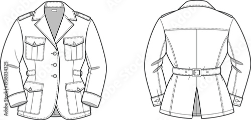 Women safari utility jacket technical fashion flat, belted military style coat with multiple pockets, front back CAD drawing template
